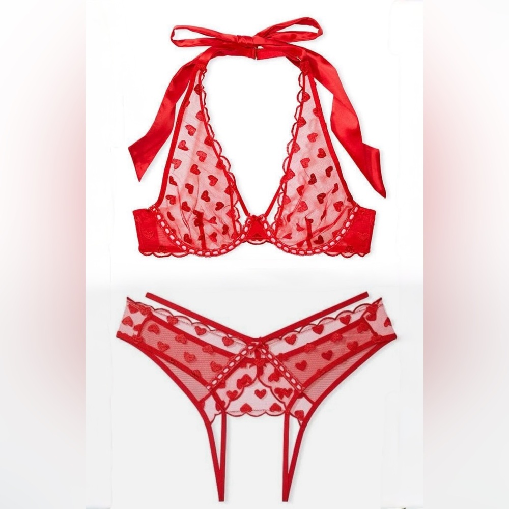 Victoria’s Secret red Hearts Embroidery crotchless Panty Bralette set v-day L/M
